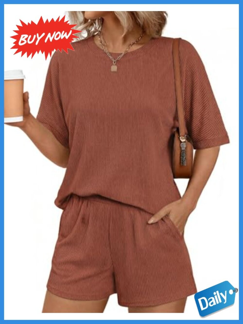 Ribbed Knit 2 Piece Lounge Set Short Sleeve Top & Shorts Casual Vacation